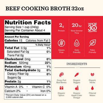 Kettle And Fire Beef Cooking Broth, Keto, Paleo, And Whole 30 Approved, Gluten Free, High In Protein And Collagen, 2 Pack (32 Ounces)