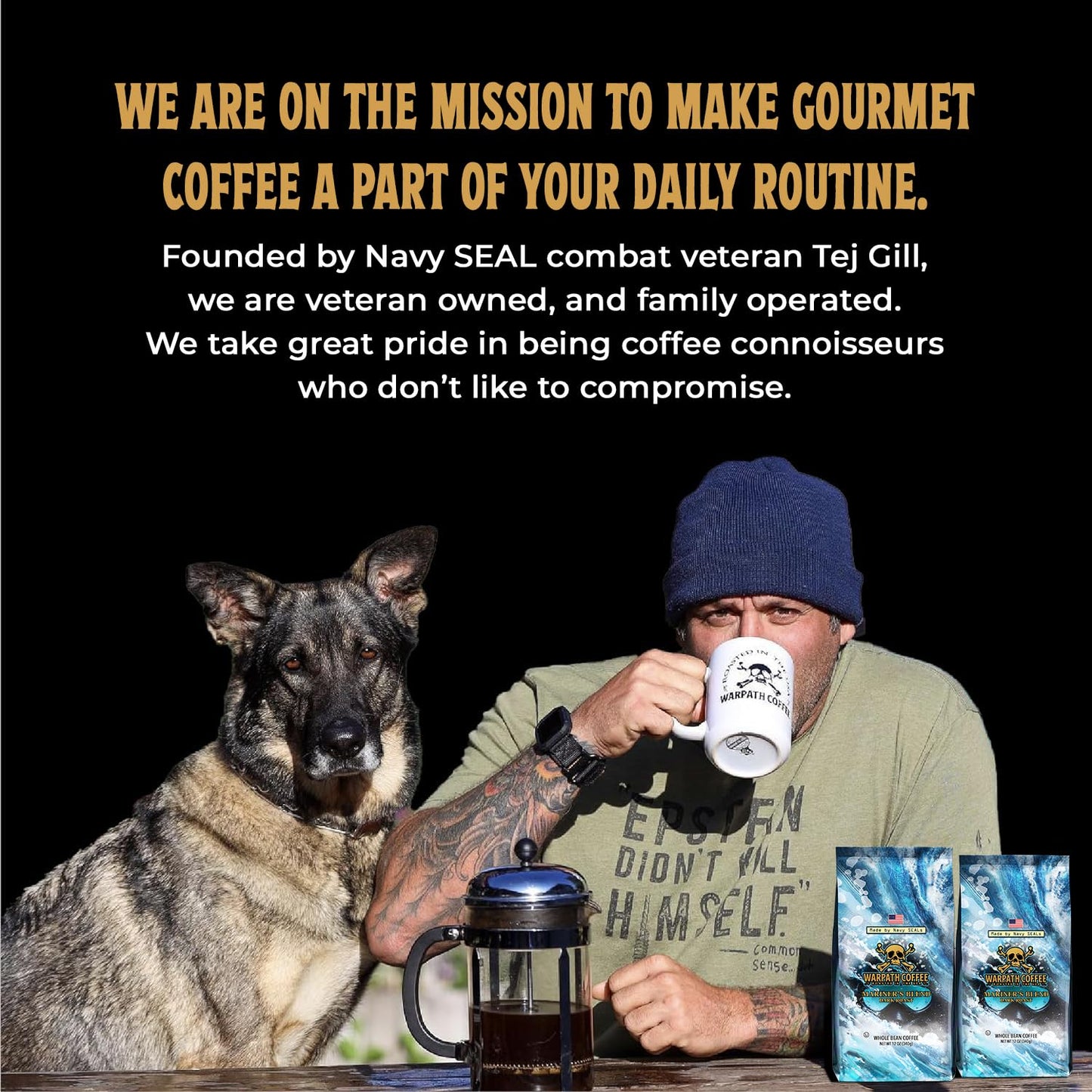 Warpath Coffee Dark Roast Whole Bean Coffee, Mariners Blend, High Caffeine, Extra Strong Roasted 100% Arabica Coffee Beans Whole, Rich Aroma, Full-Bodied Intense Cup, Created By Navy Seals, 12Oz