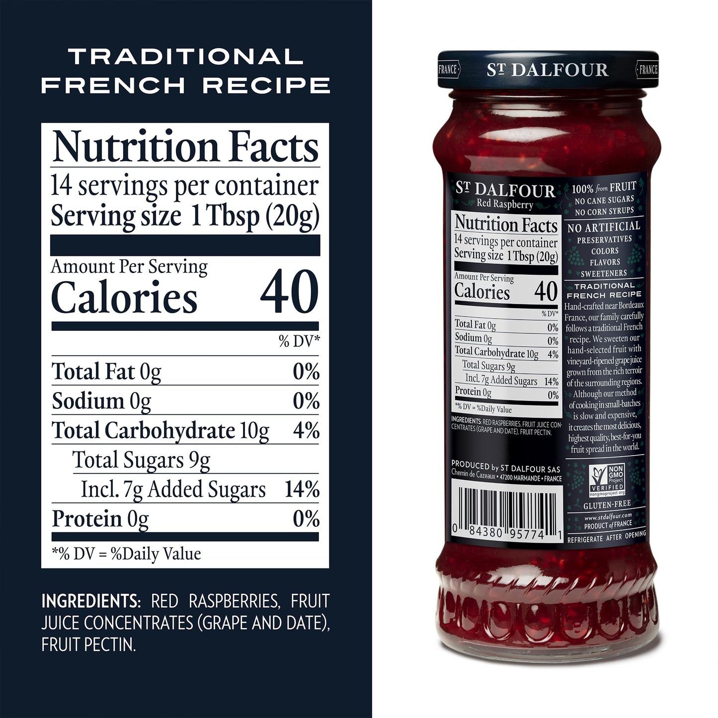 St. Dalfour Red Raspberry Fruit Spread, 10oz, Non-GMO, All Natural, Pack of 2