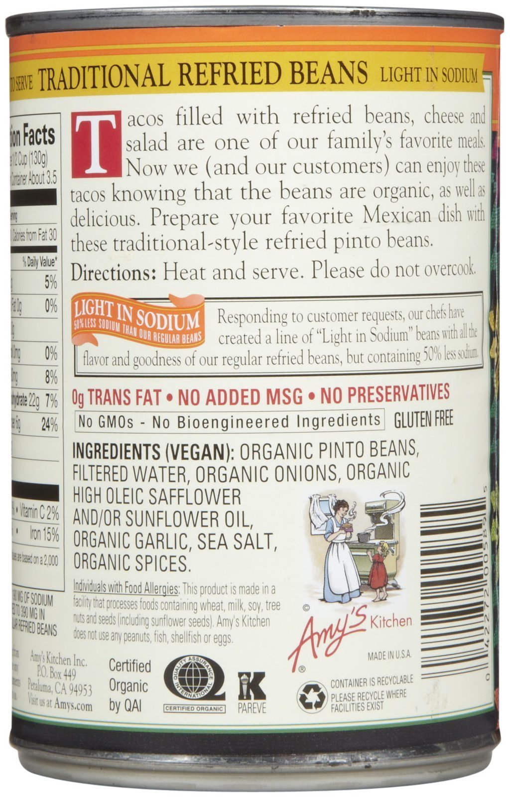 Amy'S Beans Refried Traditional Low Sodium Organic, 15.4 Ounce