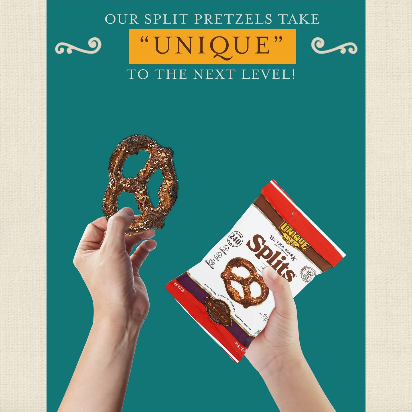 UNIQUE SNACKS Extra Dark Splits Pretzels, Vegan, OU Kosher, Non-GMO, 2.12 Oz. Bag, Pack of 24