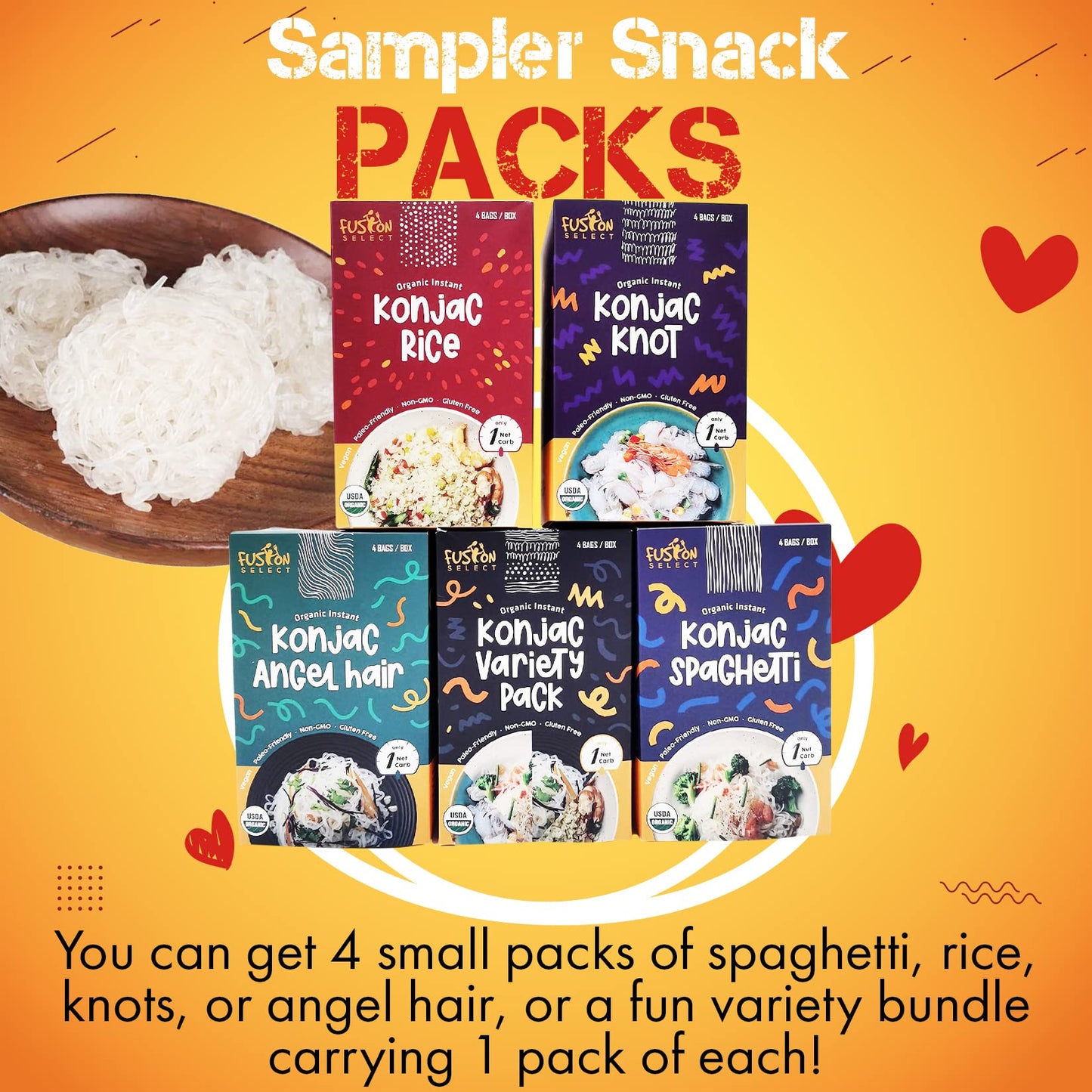 Fusion Select Organic Konjac Noodles - Shirataki Rice, Angel Hair, Spaghetti, Knots, Spaghetti - Healthy Diet Pasta - Rich In Fiber - Vegan, Keto, Paleo-Friendly, Zero Gluten, Low-Carb & Low-Calorie