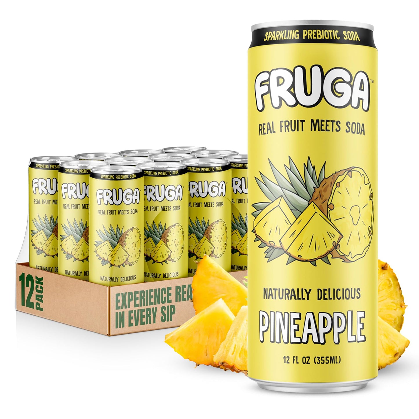 FRUGA Pineapple Sparkling Fruit Soda, Prebiotic, Low Calorie, 12 Fl Oz (Pack of 12)