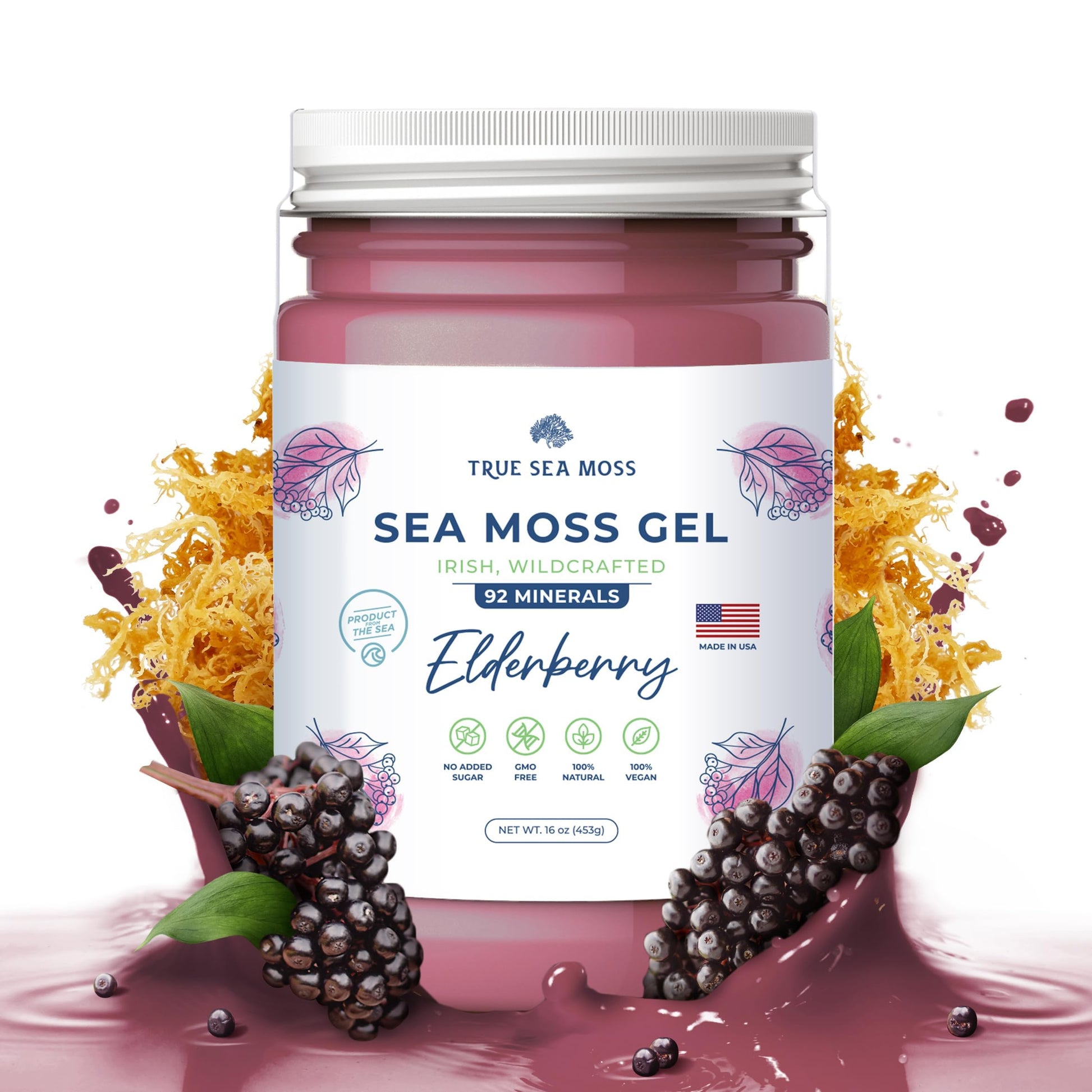 TrueSeaMoss Wildcrafted Irish Sea Moss Gel - Made with Dried Seaweed & Fresh Sea Vegetables, Seamoss - Made in USA (Elderberry,