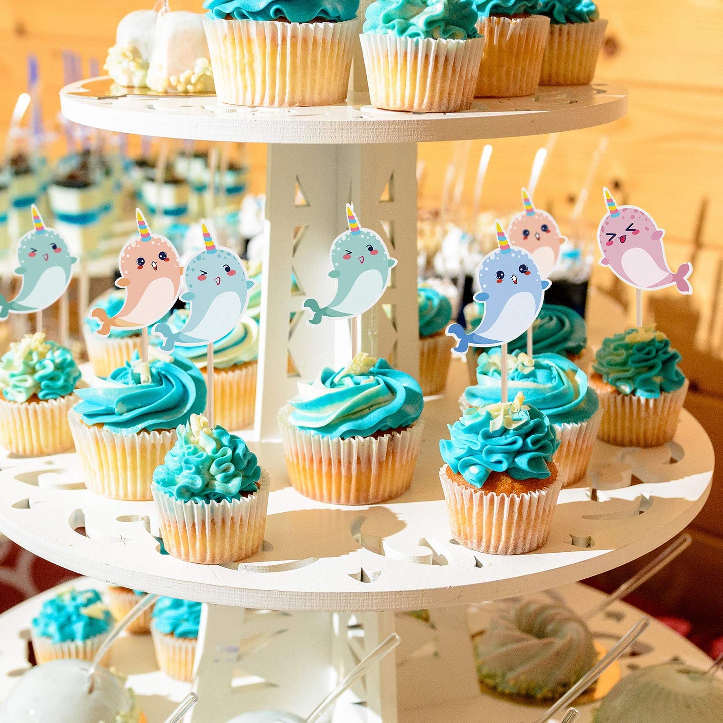 Boao Narwhal Cake Toppers, Ocean Birthday Party Decorations, 48 Count, Paper, Blue/Pink/Light Blue/Yellow/Light Green/Orange