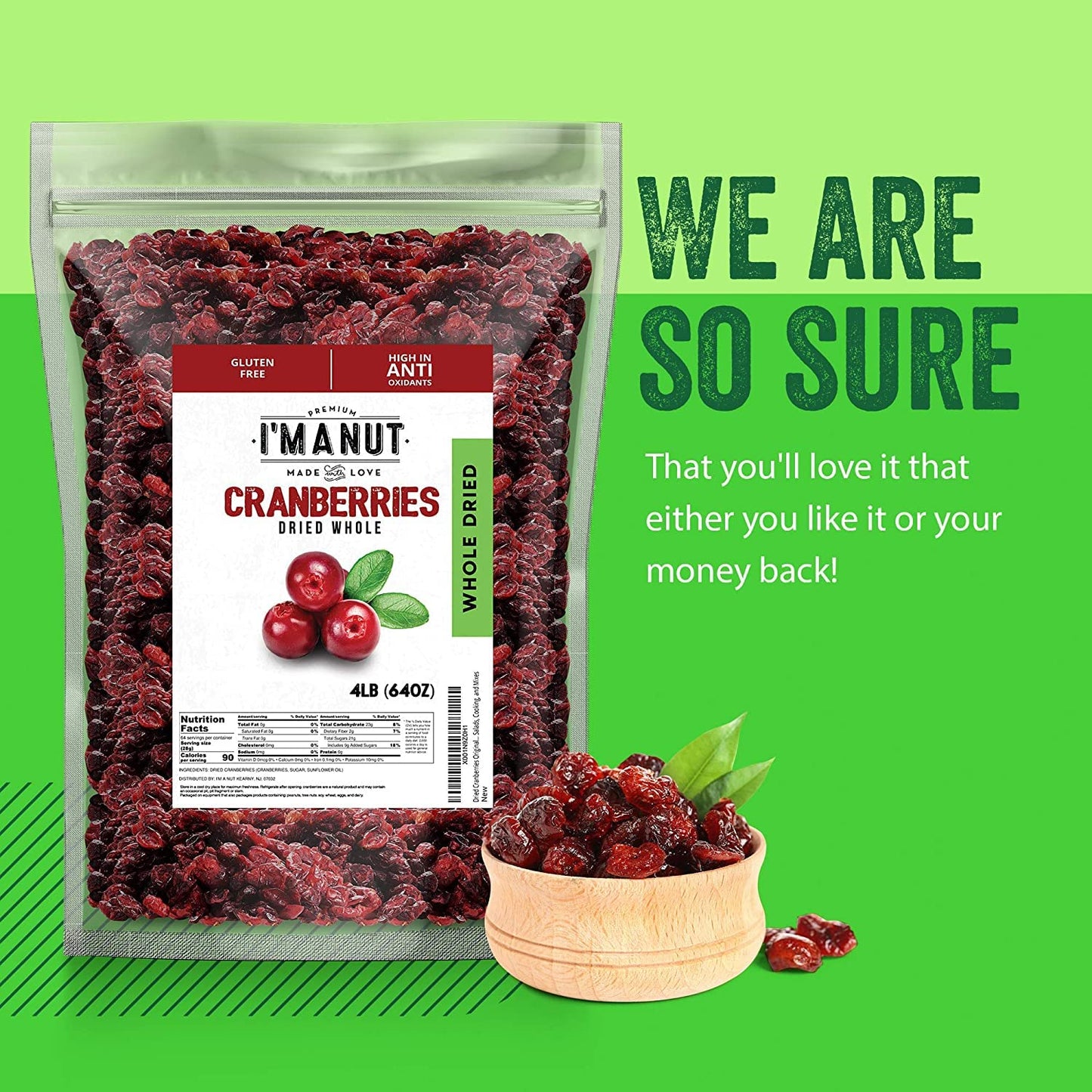 Im A Nut Dried Cranberries Original, 1 Pound, Batch Tested Gluten & Peanut Free, Resealable Bag, High in Antioxidants