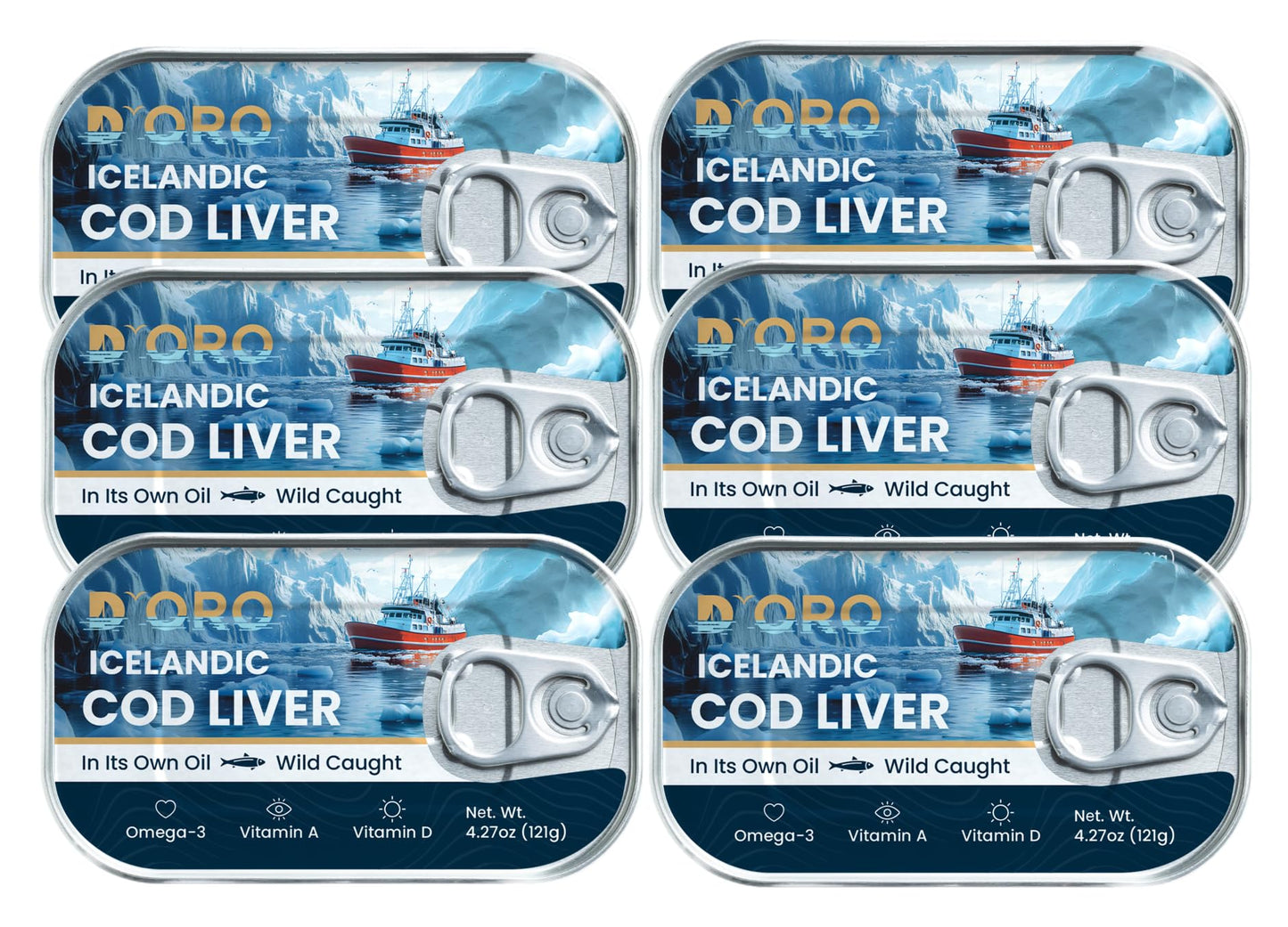 DOro Top-Grade Icelandic Cod Liver In Oil - Wild-Caught Gourmet Delicacy Rich In Omega-3 & Vitamin D 4.27Oz (121Gr) 6 Cans