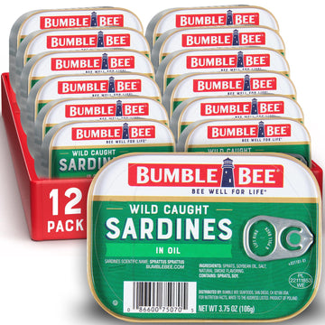 Bumble Bee Sardines in Oil, 3.75 oz Tin (Pack of 12) - Wild Caught, Gluten Free, Keto, Kosher, Clean Ingredients