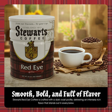 Stewarts - Red Eye Ground Coffee - Dark Roast - Vacuum Sealed Bags - Bold & Rich Dark Roast Ground Coffee - Ideal for Morning En