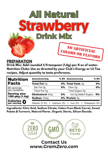 Gramzero All Natural Strawberry Zero Calorie Sugar Free Drink Mix, Great For Nutrition Club Loaded Tea, Stevia Sweetened