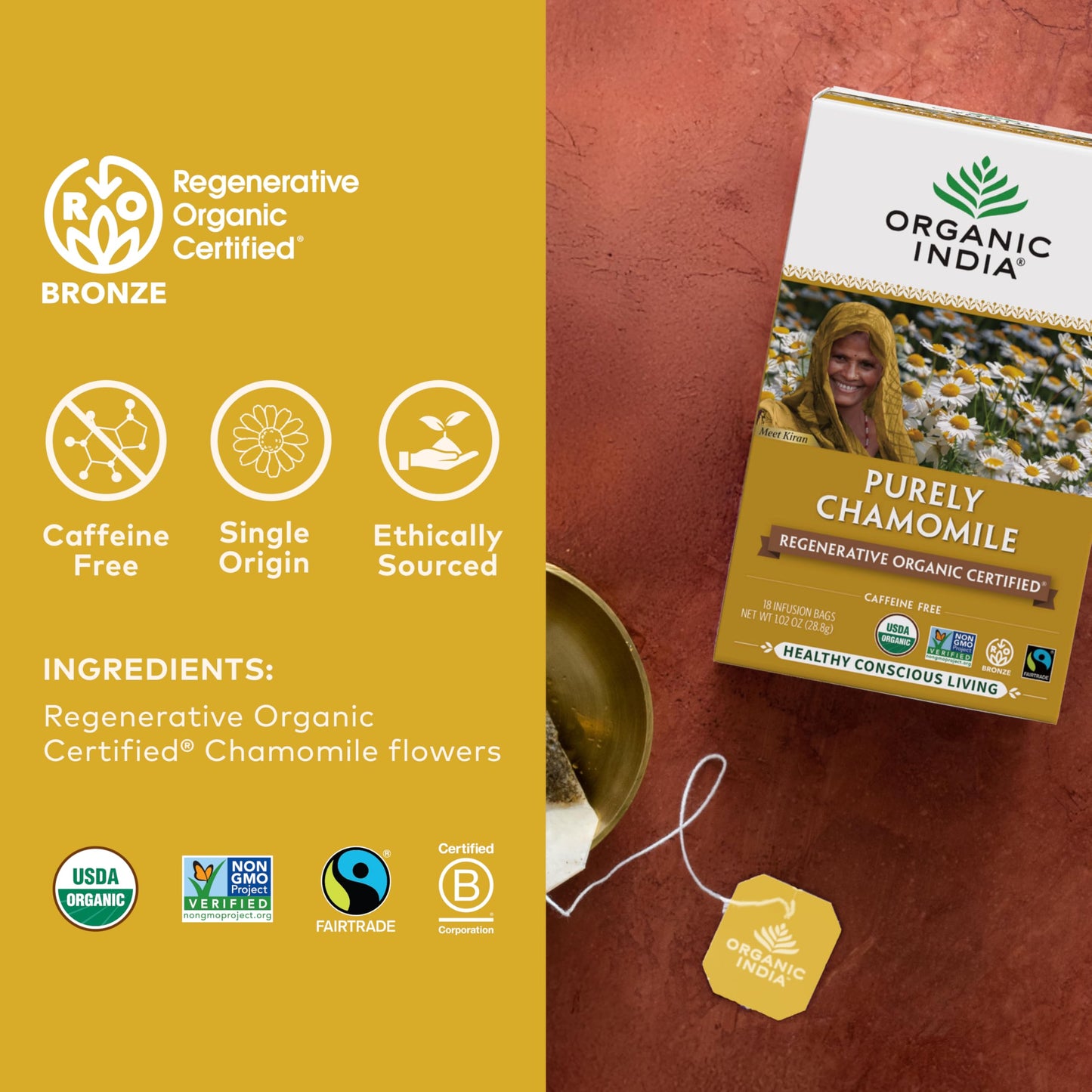 Organic India Chamomile Tea - Caffeine Free Herbal Tea, Calming & Relaxing, 18 Count (Pack of 3)