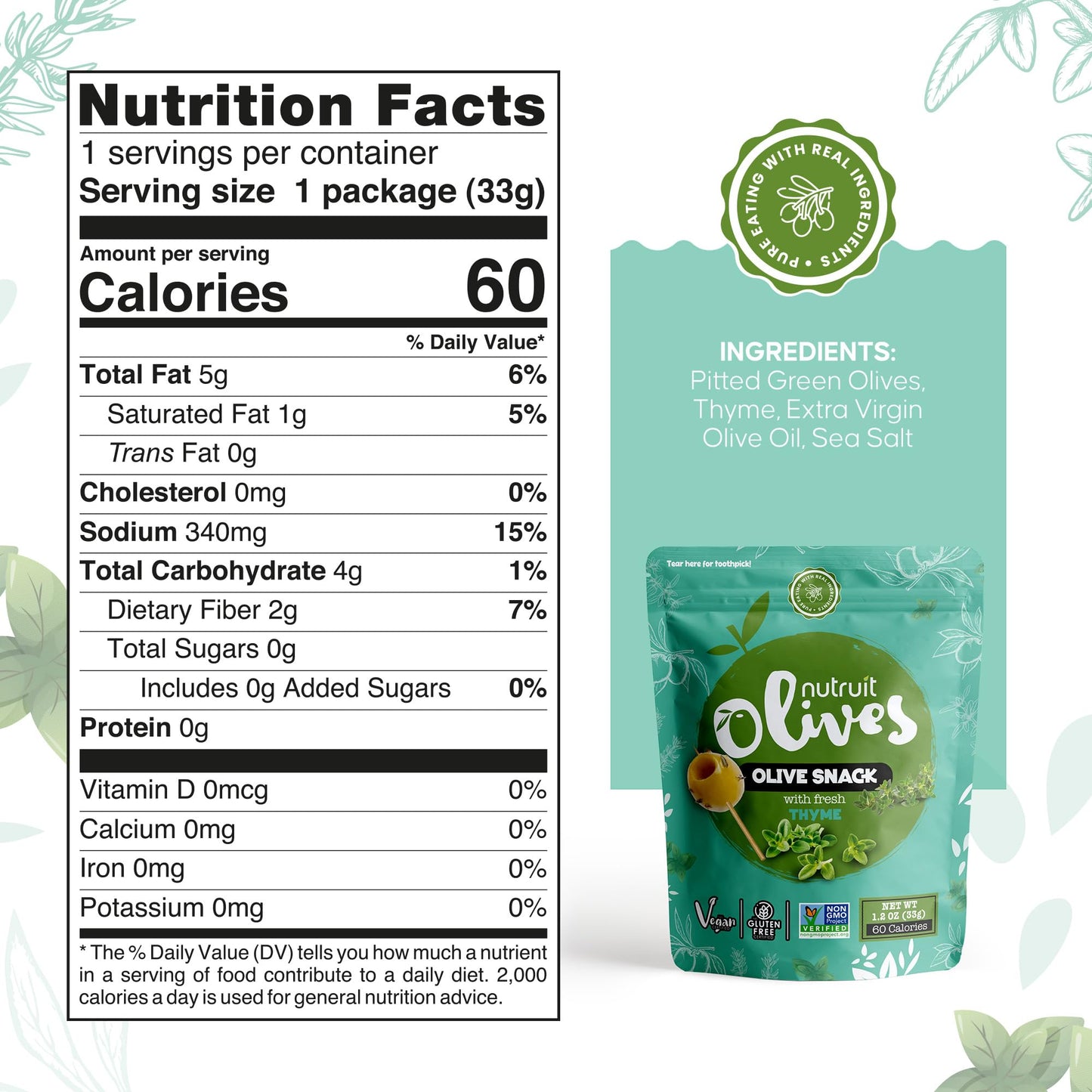 Nutruit Olives Snacks - Pitted Aegean Green Olives, Vegan, Non-GMO, Gluten Free - 1.2oz Variety Box (Pack of 20)