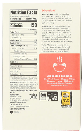 365 By Whole Foods Market, Organic Instant Oatmeal, Cinnamon Roll, 8 Count, 11.3 Ounce