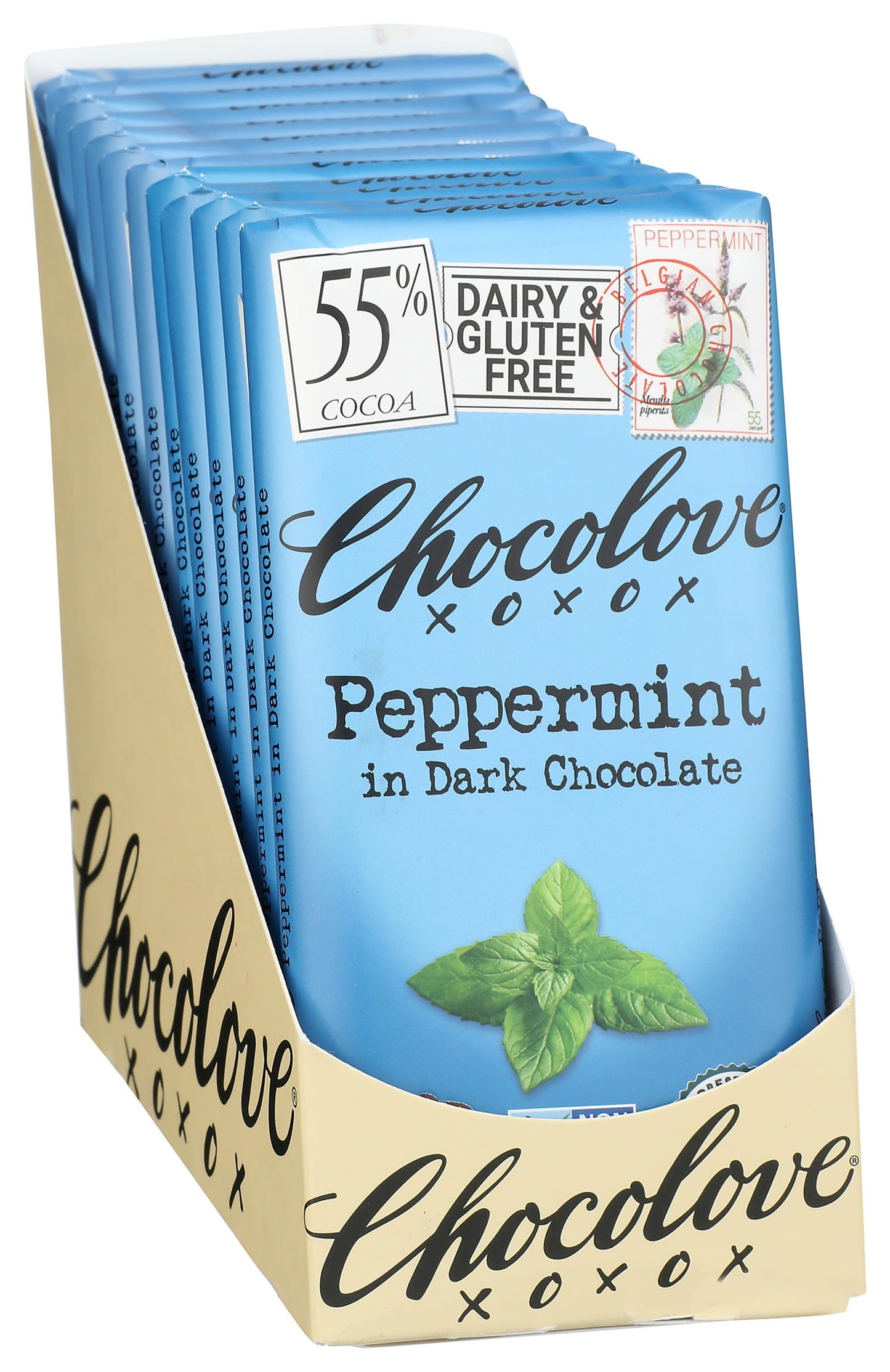 Chocolove Peppermint in 55% Cocoa Dark Chocolate Bar, Kosher, Gluten Free & Non-GMO, 3.2 Ounce (Pack of 12)