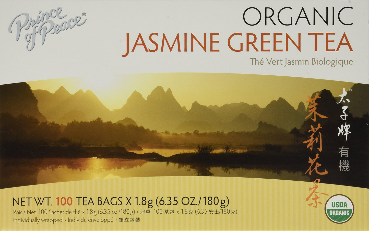 Prince Of Peace Organic Jasmine Green Tea 100 Tea Bags - 100% Organic Green Tea - Unsweetened Green Tea - Lower Energy Blend Alternative To Coffee - Herbal Health Benefits
