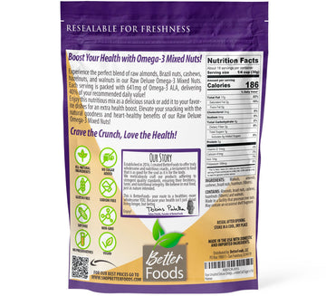 BetterFoods Raw Unsalted Omega-3 Mixed Nuts, 24oz - Almonds, Cashews, Walnuts, Hazelnuts, Brazil Nuts, Gluten Free Snack