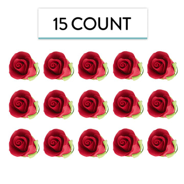 Global Sugar Art Tea Rose Sugar Cake Flowers, Red With Green Calyx, Small 1 Inch, 15 Count By Chef Alan Tetreault