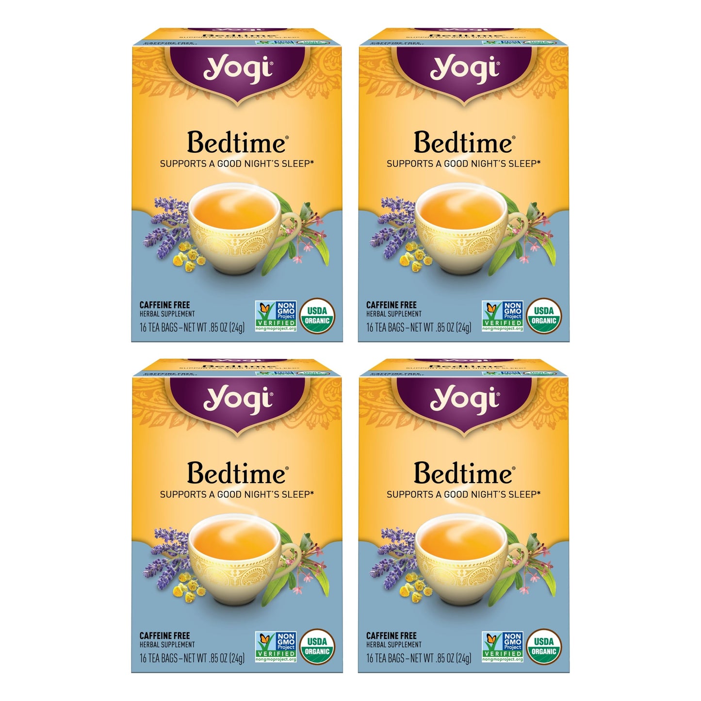 Yogi Tea Bedtime Tea - 16 Tea Bags Per Pack (4 Packs) - Chamomile & Passionflower Herbal Tea Blend - Tea To Support A Good Night
