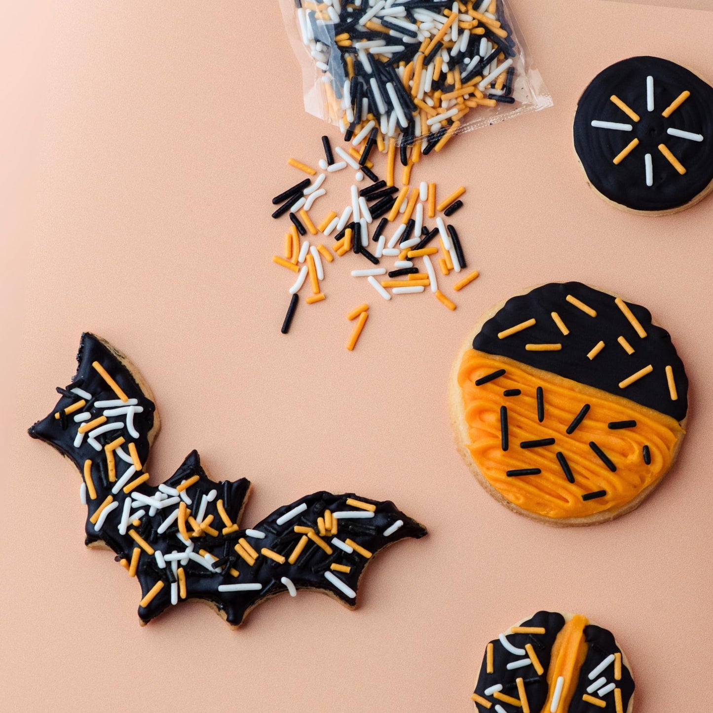 Sweets Indeed Dye-Free Halloween Frosting & Sprinkles Set - 8.22 oz | 2 Frosting Tubes (Orange & Black) + 2 Decorating Tips + 2 oz Sprinkle Mix (Black Orange & White) | No Artificial Dyes Cupcake & Cookie Decorating Kit