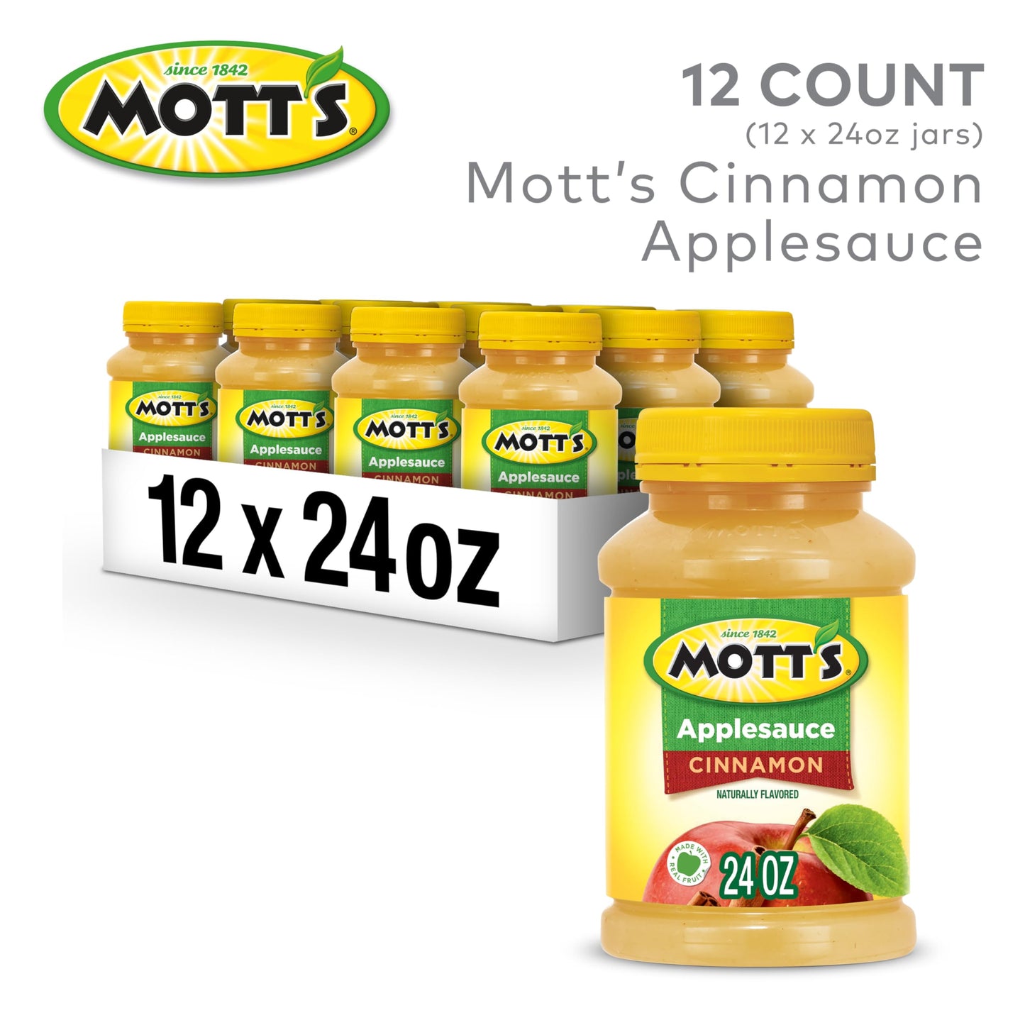 Mott'S Cinnamon Applesauce, 24 Oz Jar (Pack Of 12), No Artificial Flavors, Good Source Of Vitamin C, Nutritious Option For The W