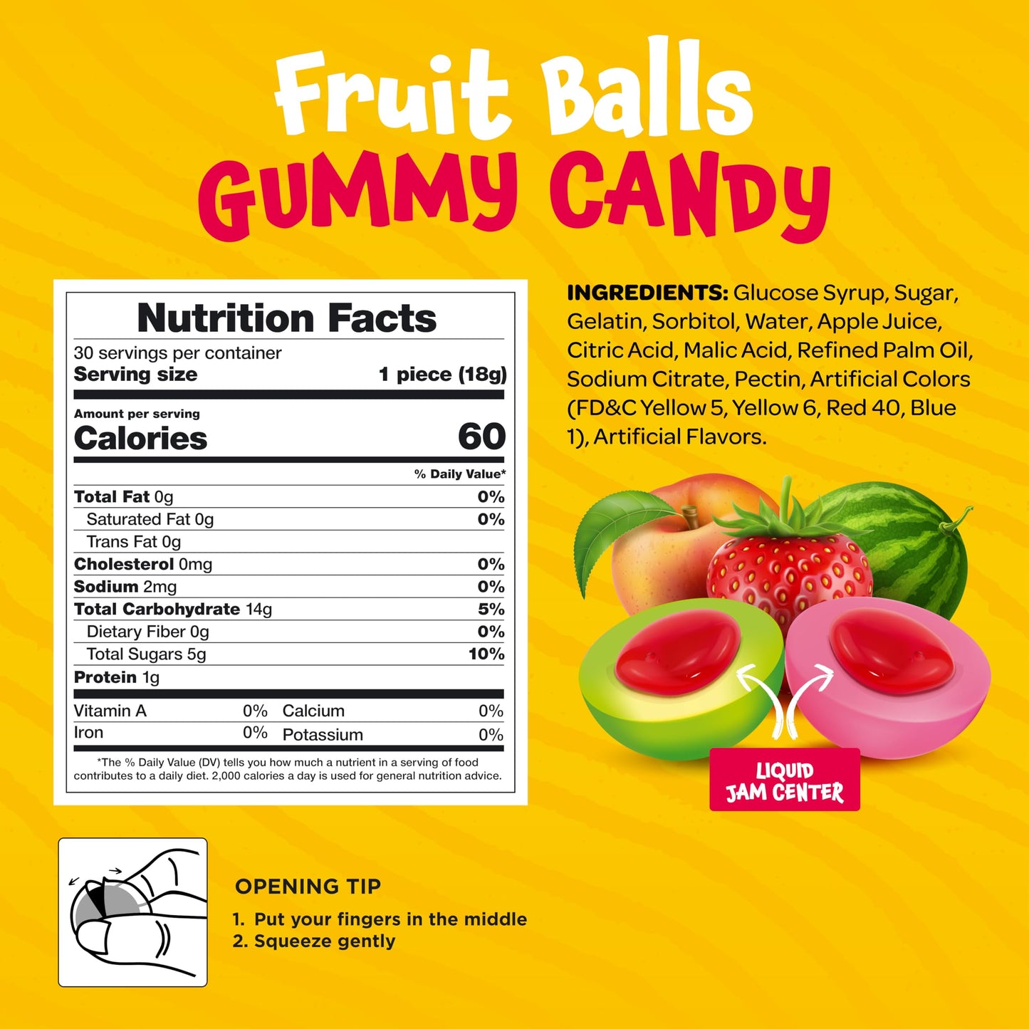 Fruit Gummy Balls Mix - 19 Ounce Jar (30 Count) - Jelly Filled Gummies - Individually Wrapped Gummy Candy - Watermelon Strawberry Peach - Candy for Goody Bags by Funtasty