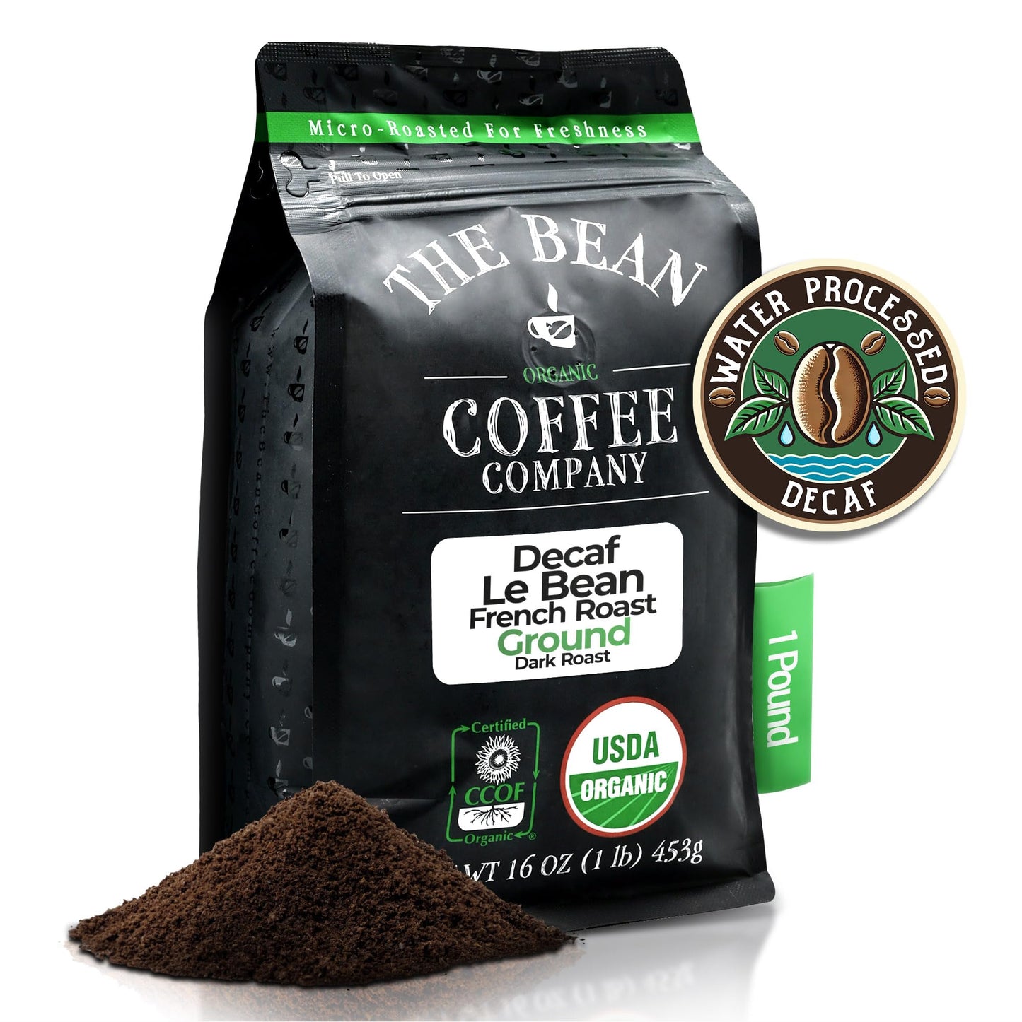 The Bean Organic Coffee Company Water Processed Decaf Le Bean, Dark French Roast, Ground Coffee, 16-Ounce Bag, Café Molido Tostado Orgánico Descafeinado