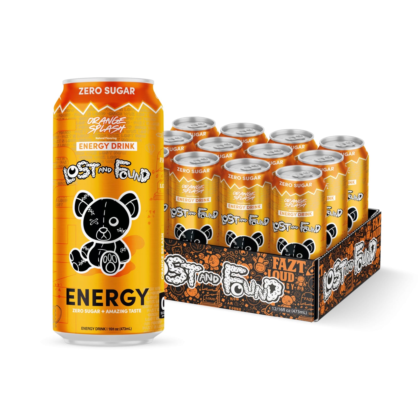 Lost and Found Energy Drink - Sugar Free, No Artificial Flavors, 150mg Caffeine - 16oz, 12-Pack, Orange Splash