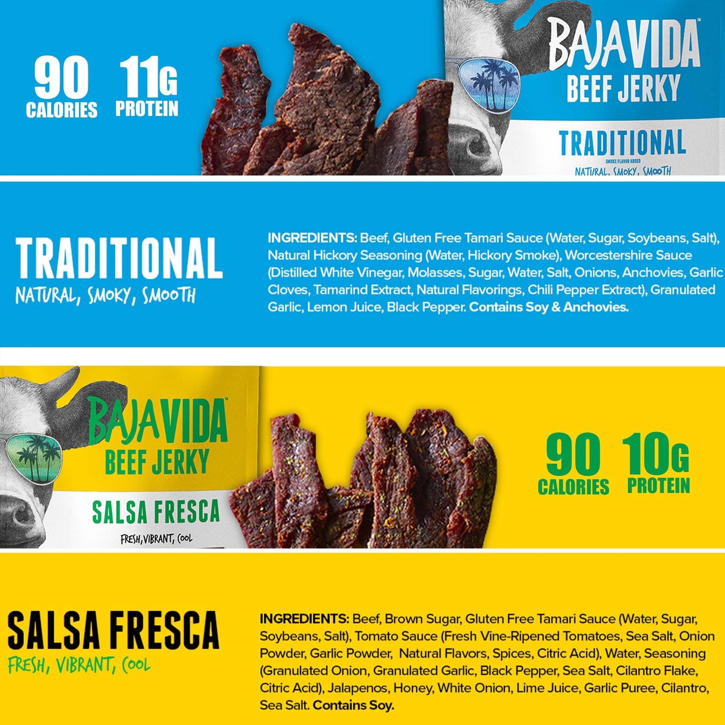 BAJA BEEF Jerky Snack Packs - Beef Jerky Variety Pack, Gluten Free, 2.5 Oz Bags, 4 Pack