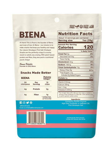 BIENA Roasted Chickpea Snacks - Himalayan Salt, 1 Value Pack - Crispy Salted Chickpeas Loaded with Protein & Fiber - Delicious,
