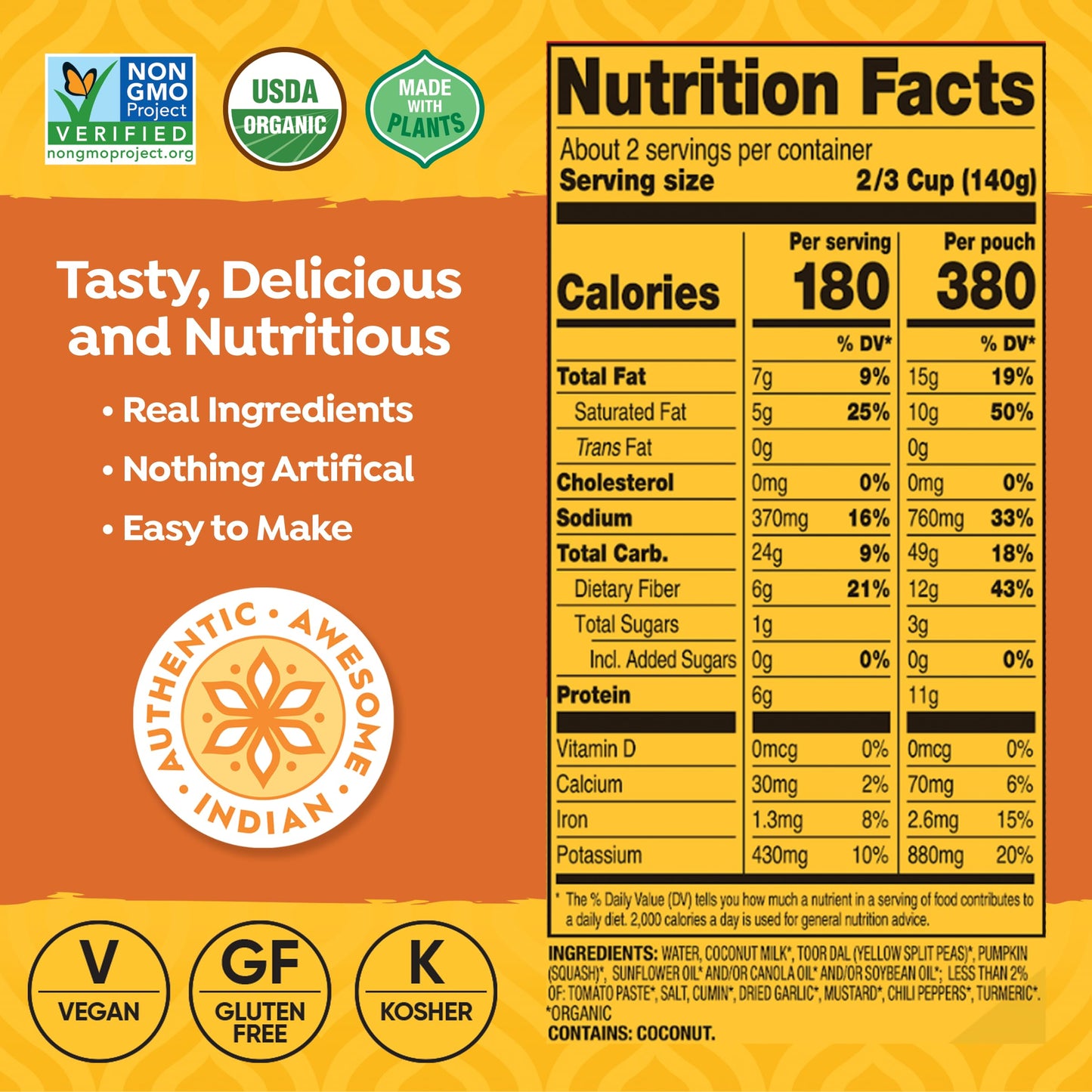 Tasty Bite Organic Coconut Squash Dal, 10 Ounce, Pack of 6, Ready to Eat, Microwavable Entree, Vegan