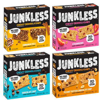 Junkless Chewy Granola Bar 4-Flavor Variety Pack - Less Sugar, Great Tasting, Wholesome Snacks - Bulk Granola Bars - 1.1 oz. Bar