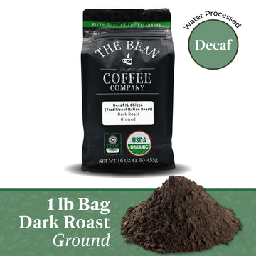 The Bean Organic Coffee Company Water Processed Decaf Il Chicco (Traditional Italian Roast), Dark Roast, Ground Coffee, 16-Ounce