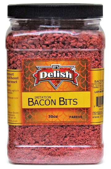Its Delish compatible with Bacon Bits, Kosher Parve Vegan, 30 Oz Jumbo Reusable Container, Smoky Flavor for Salads, Eggs, Baked Potatoes