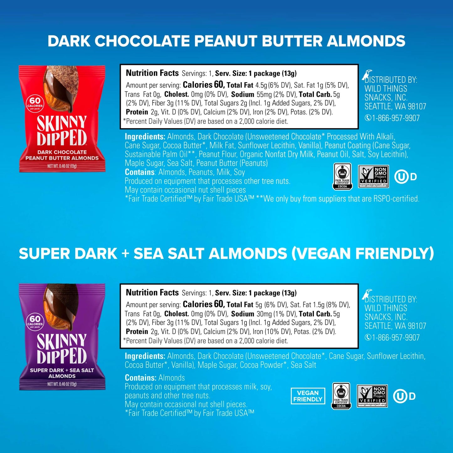 Skinnydipped Snack Attack Minis Almond Variety Pack, Healthy Snack, Plant Protein, Gluten Free, 0.46 Oz Mini Bags, Pack Of 25