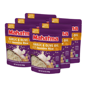 Mahatma Ready To Heat Garlic & Olive Oil–Flavored Jasmine Rice, Precooked Rice, Microwaveable In 90 Seconds, Six 8.8-Ounce Bags