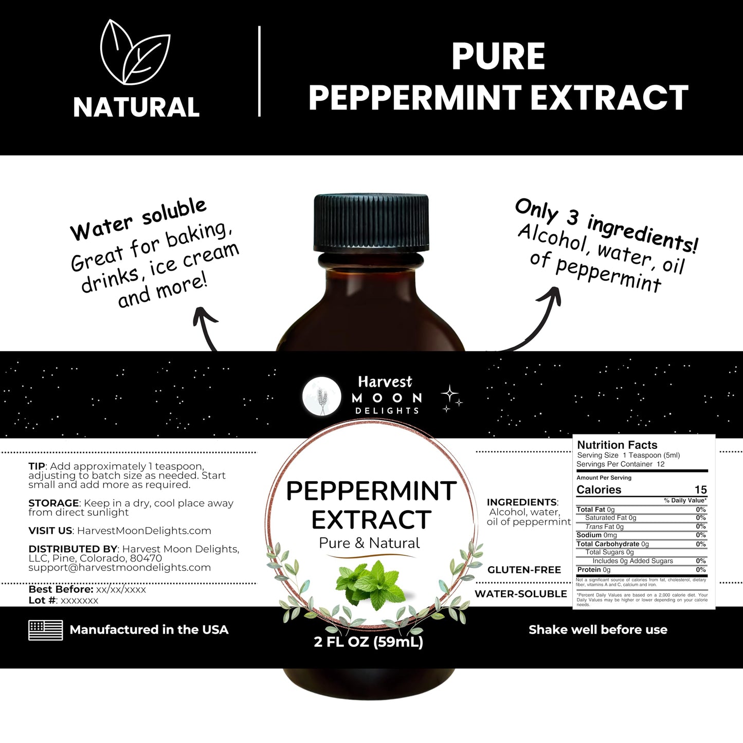 Pure Peppermint Extract - 2 Oz - Water-Soluble - By Harvest Moon Delights - Peppermint Extract For Baking, Ice Cream, Drinks, An