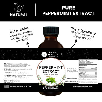 Pure Peppermint Extract - 2 Oz - Water-Soluble - By Harvest Moon Delights - Peppermint Extract For Baking, Ice Cream, Drinks, An