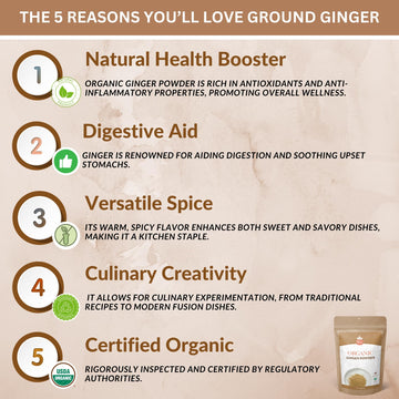 Spicy Organic Ginger Root Powder - 16 Oz. - Freshly Ground From Raw, Indian Ginger, Dried Spice For Baking, Beverages And Cookin