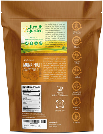 Health Garden Monk Fruit Sweetener, Golden- Non Gmo - Gluten Free - 1:1 Sugar Substitute - Kosher - Keto Friendly (2.5 Lbs)