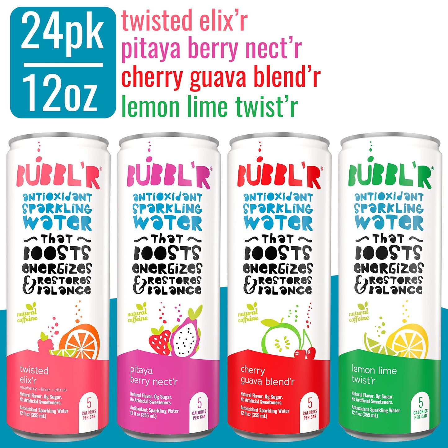 Bubbl'r Antioxidant Sparkling Water Variety Pack, 12 Fl Oz Cans, 24 Count - Twisted Elixi'r, Pitaya Berry, Cherry Guava, Lemon Lime