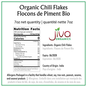 Jiva Organic Chili Flakes 7oz Bag - Crushed Red Pepper Medium Heat, 100% Natural & Non-GMO
