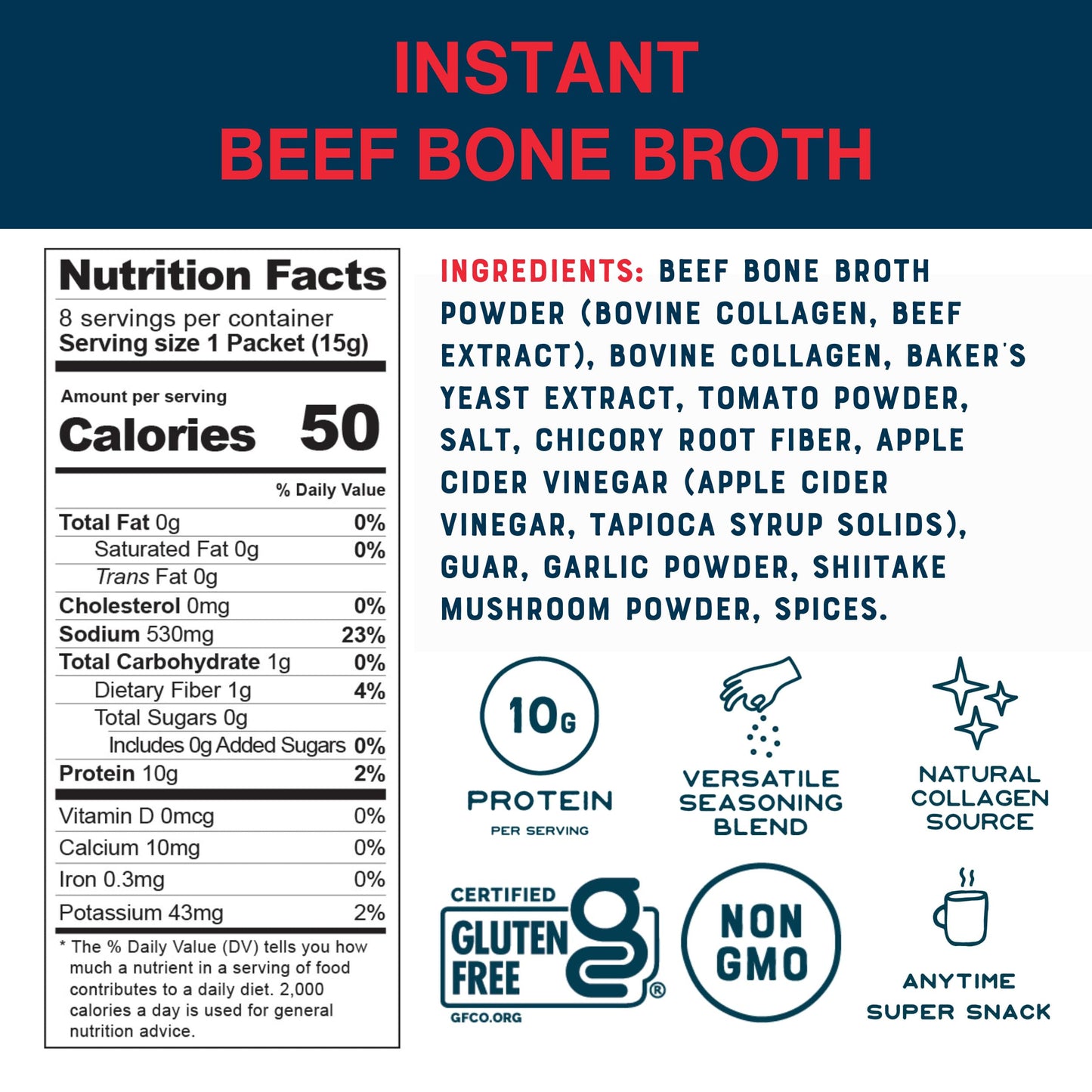 Bare Bones Beef Bone Broth Instant Powdered Mix | Rich Savory Packets on-the-Go No Artificial Flavors | 100% Grass Fed Keto & Pa