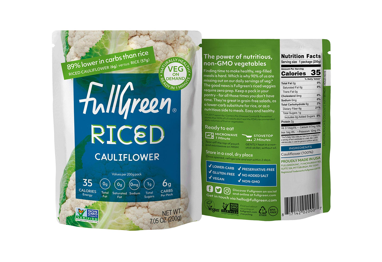Fullgreen, Riced Cauliflower - 100% Cauliflower, 89% Less Carbs than Rice - Perfect for KETO diets, NON-GMO, shelf-stable with N