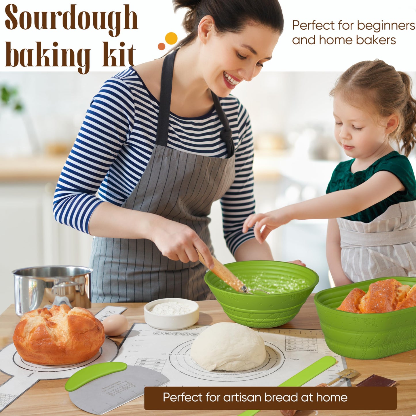 BICRET Sourdough Starter Kit – Complete Baking Supplies, 2 Silicone Proofing Baskets, Baking Mat, Green, Model FJ-3-4C