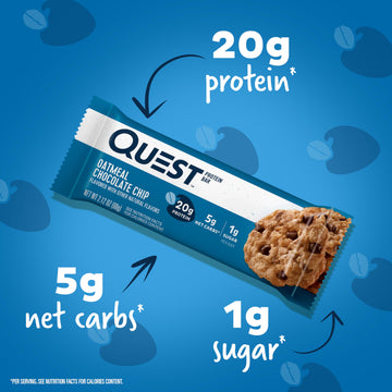 Quest Nutrition Oatmeal Chocolate Chip Protein Bars, 20g Protein, 1g Sugar, 5g Net Carb, Gluten Free, Keto Friendly, 4 Count