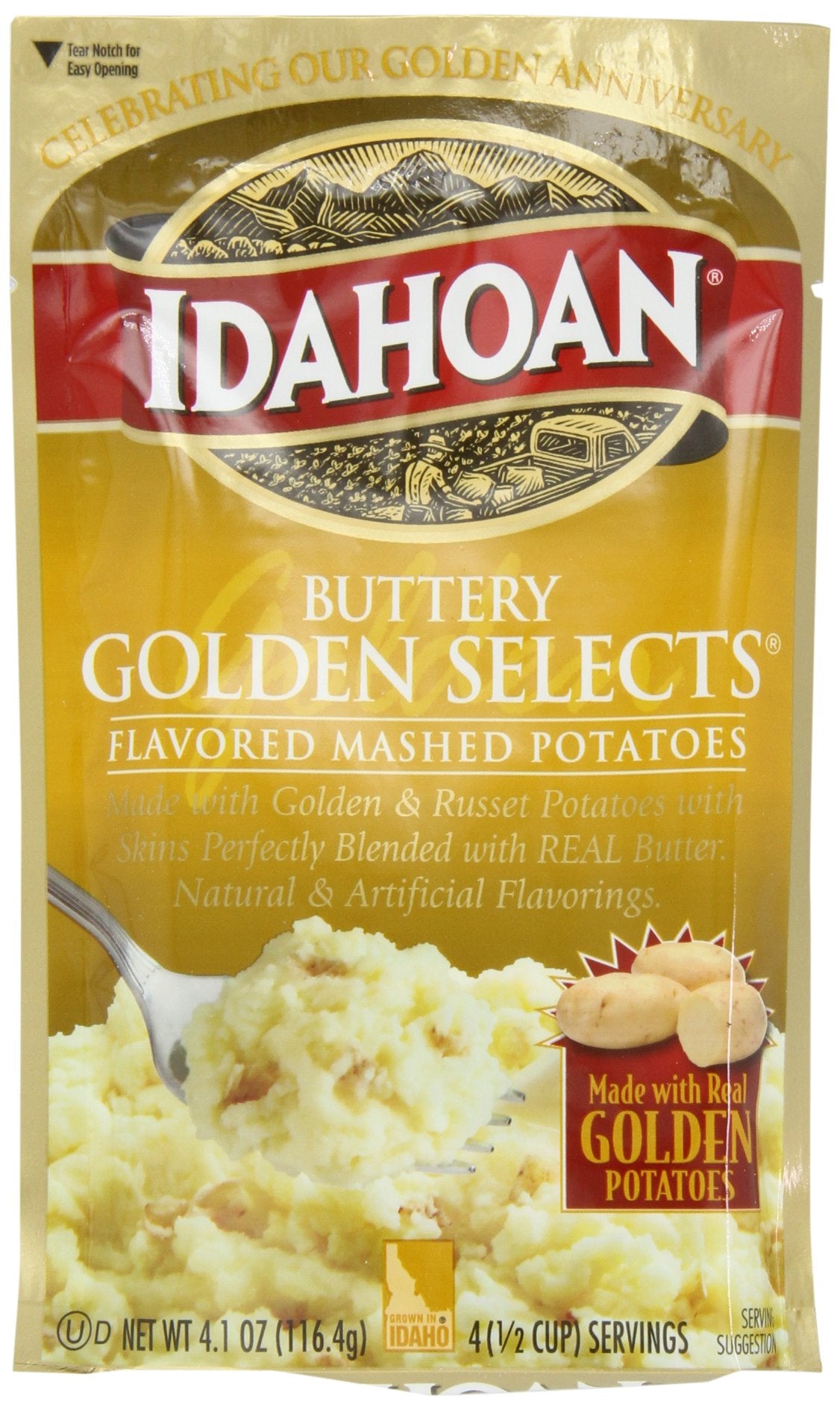 Idahoan Buttery Golden Selects Mashed Potatoes, Naturally Gluten-Free, 100% Real Idaho Potatoes, 4 servings per bag, 4.1 ounce (