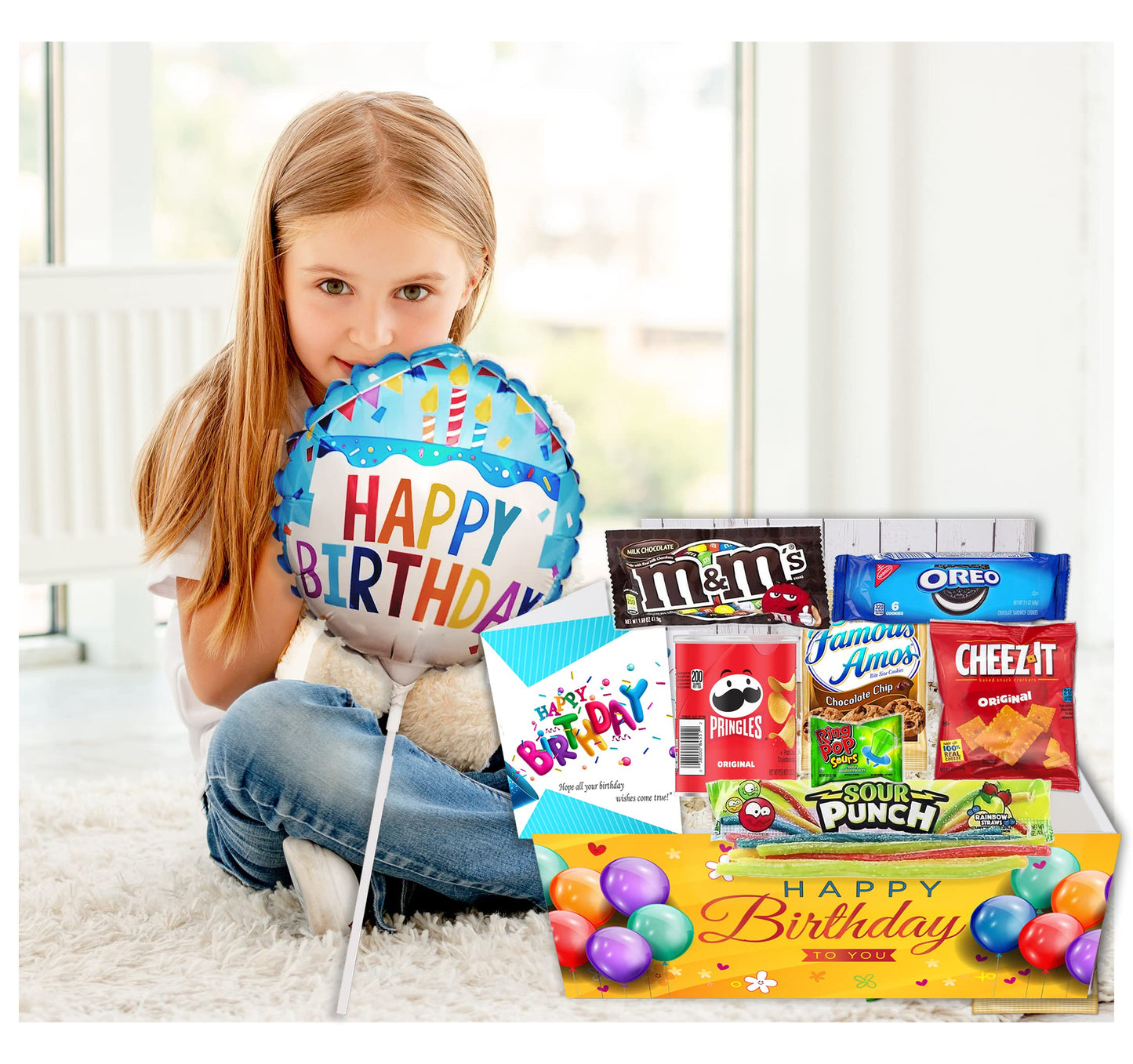 Beyond The Box Birthday Gift Basket - Candy Variety Pack with Happy Birthday Balloon, Snacks & Greeting Card for All Ages