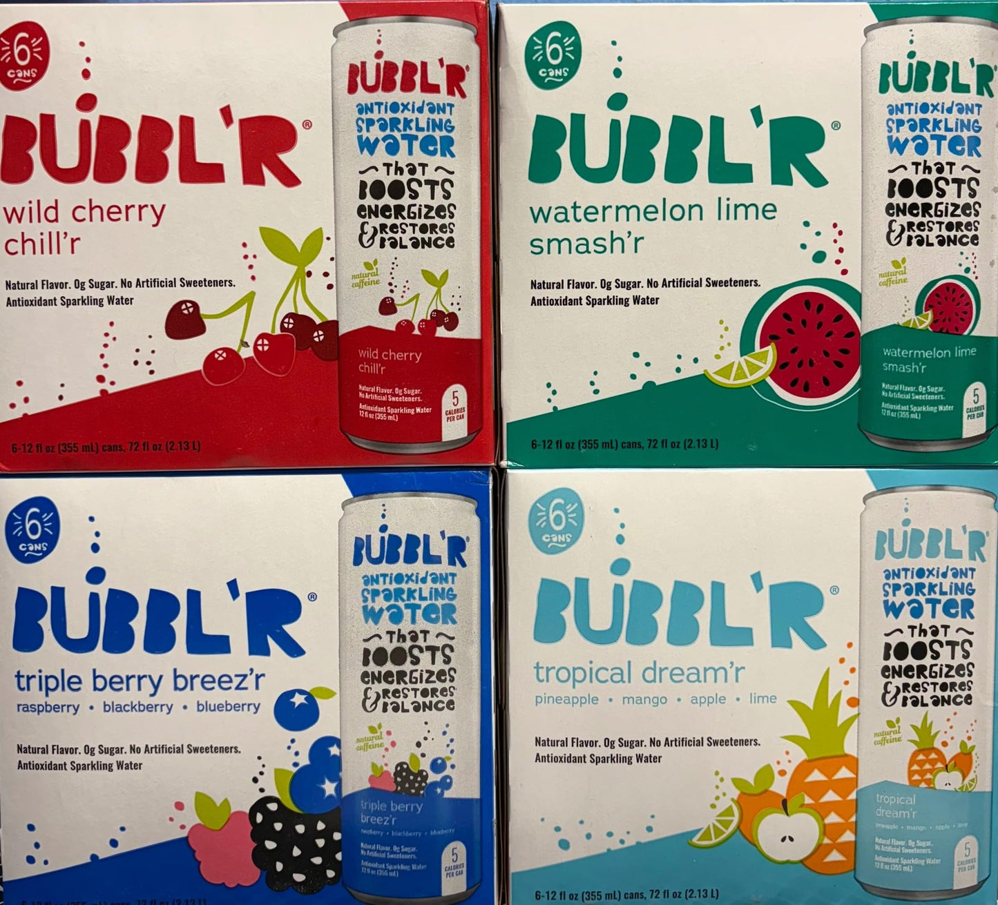 Generic Bubblr Antioxidant Sparkling Water Variety Pack, Triple Berry, Wild Cherry, Tropical, Watermelon Lime, 12 Fl Oz, Pack of 24