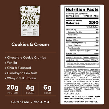 Oats Overnight Cookies & Cream Overnight Oats, 20g Protein, Gluten Free, 2.7 oz (Pack of 8 + Shaker Bottle)