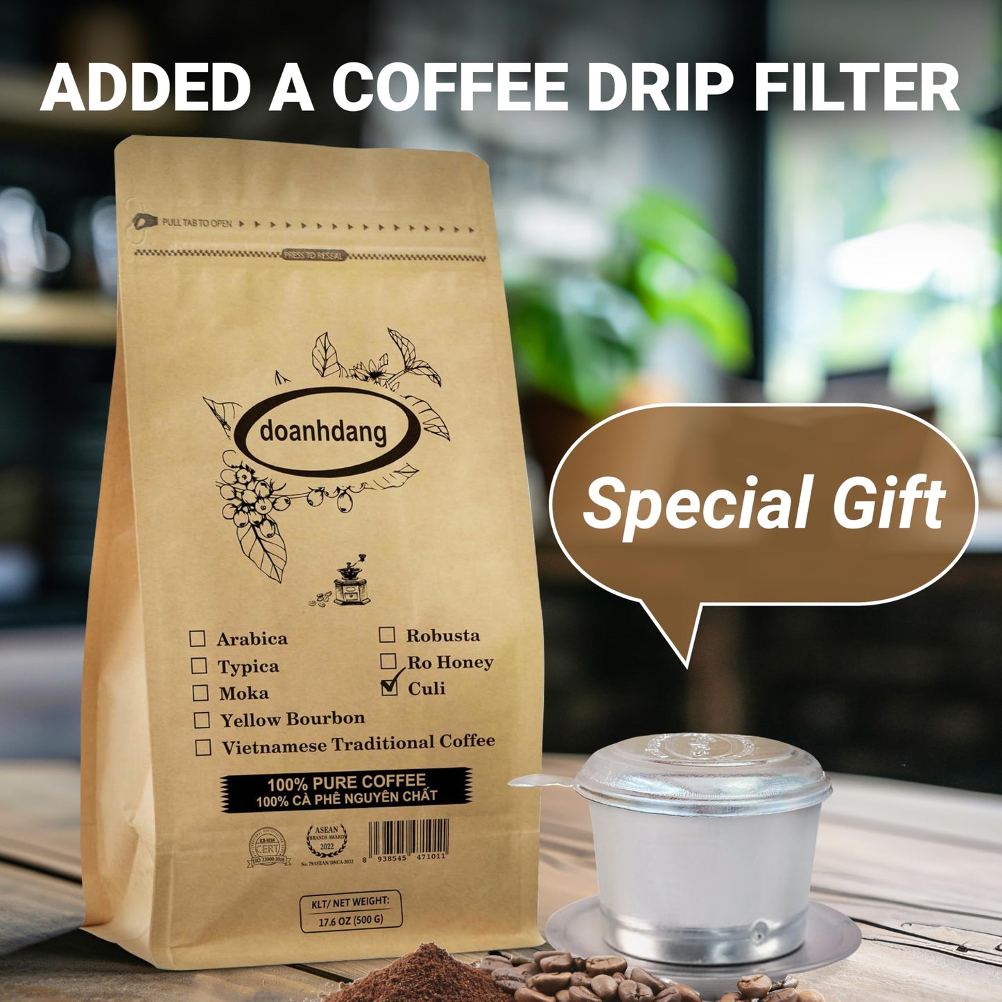 doanhdang 17 Oz Culi Ground Bean Coffee, Medium Roast, Rich Flavor, Includes Phin Filter